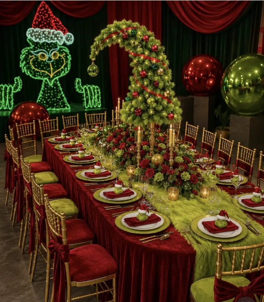 Red velvet linens, furry lime green runners, curved Grinch tree centerpieces, gold chargers and cutlery.